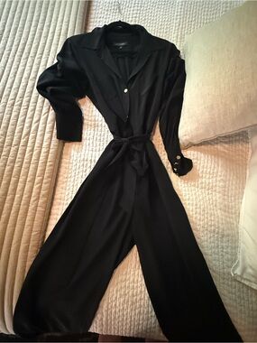 INTERMIX Black Satin-Look Button Front Jumpsuit with Self Tie